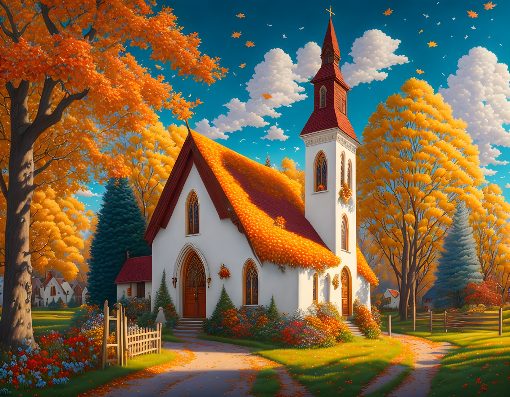 Vibrant autumn scene: church with red roof and steeple amidst colorful trees under blue sky