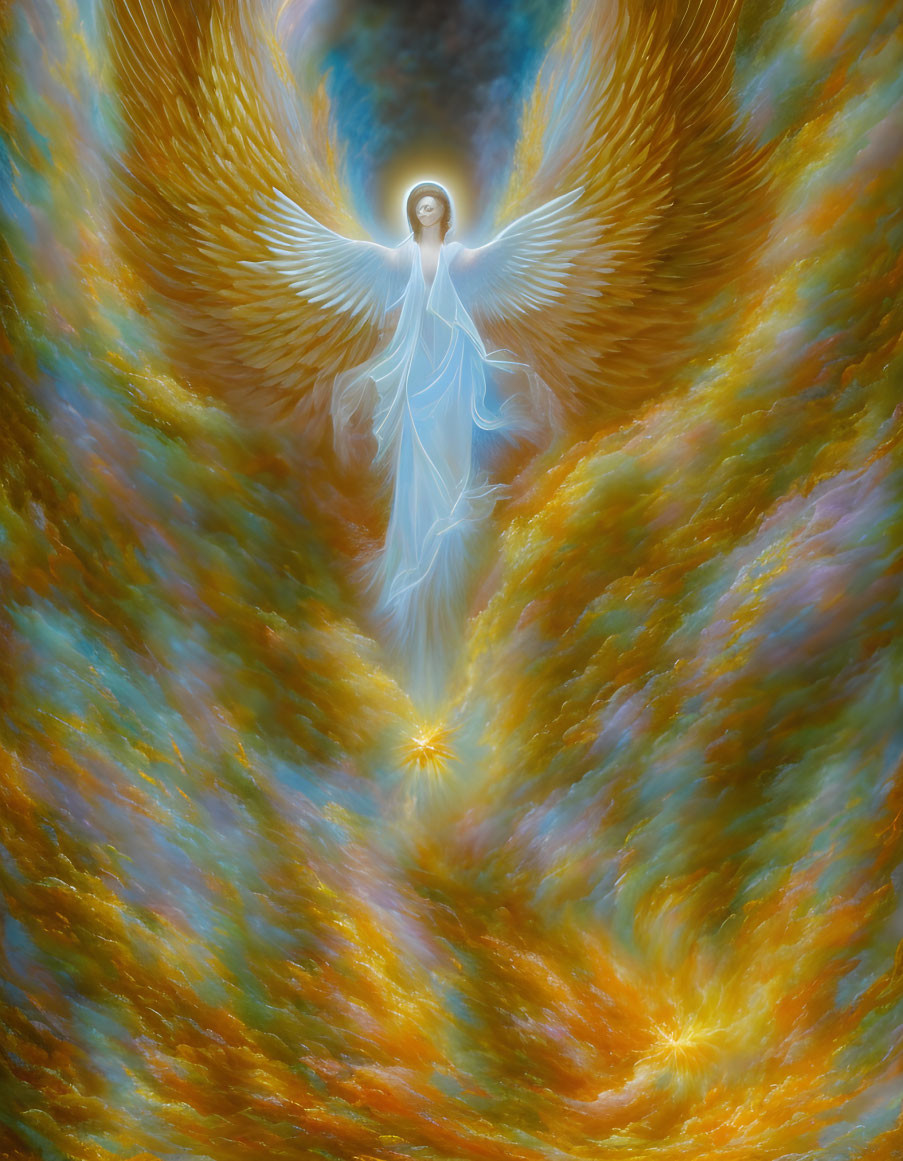 Ethereal angel with wide wings in vibrant golden tunnel