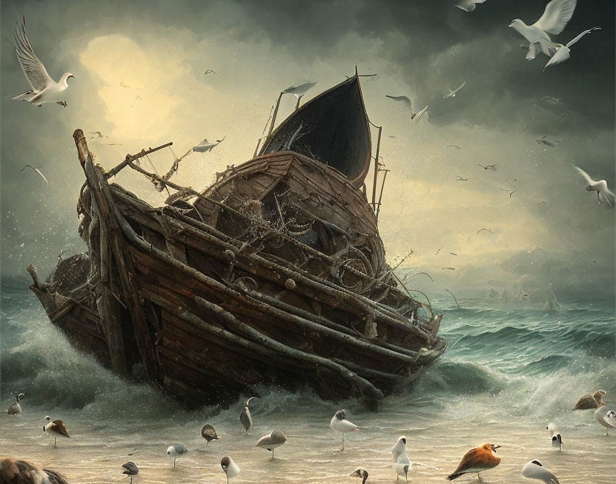 Shipwreck on stormy sea shore with seagulls amidst turbulent waves