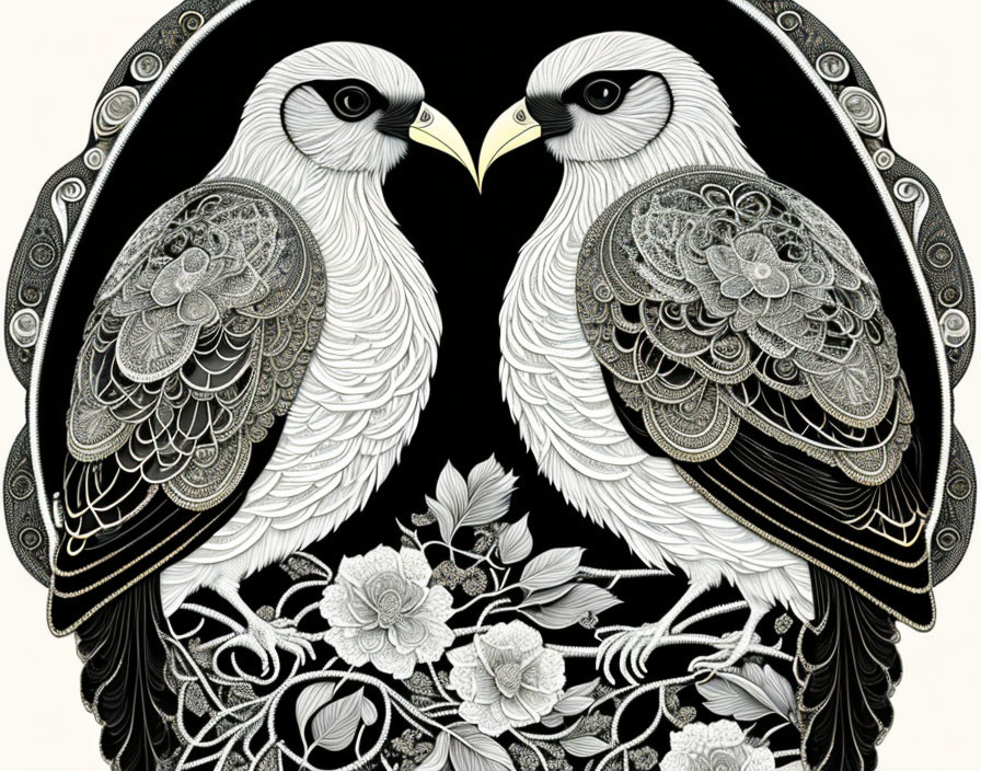 Stylized black, white, and gold birds in intricate patterns on decorative floral background