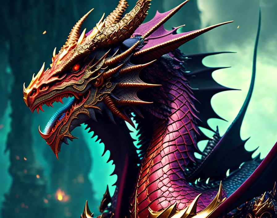 Detailed Illustration: Majestic Red and Gold Dragon in Mystical Forest