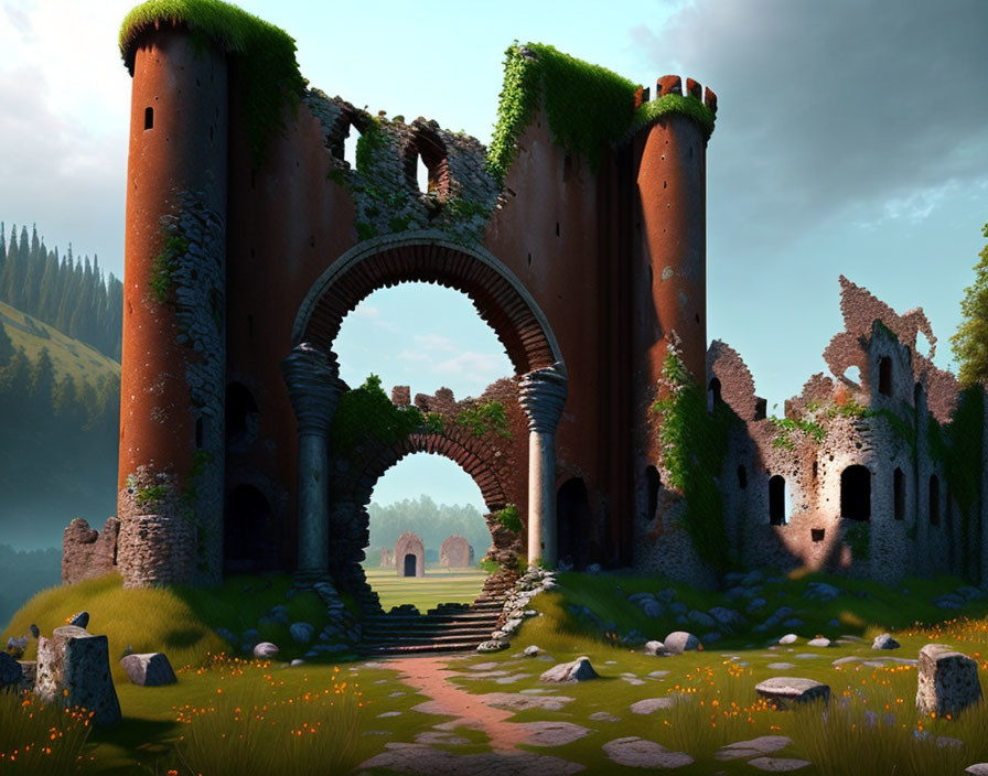 Ancient castle ruins with overgrown vegetation in serene meadow at sunset