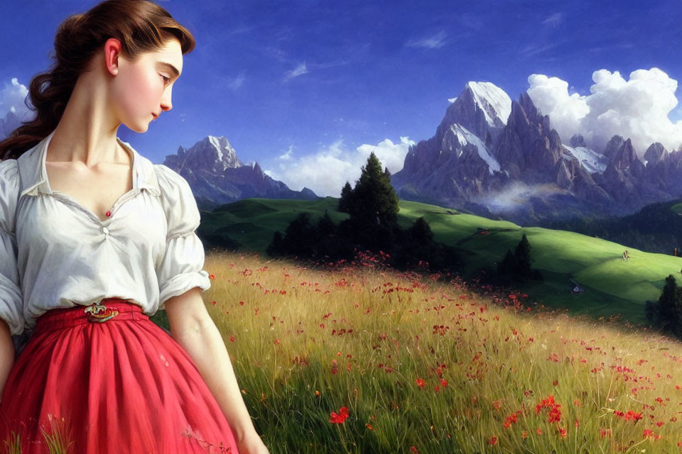 Woman in white blouse and red skirt in blooming field with mountains and blue sky