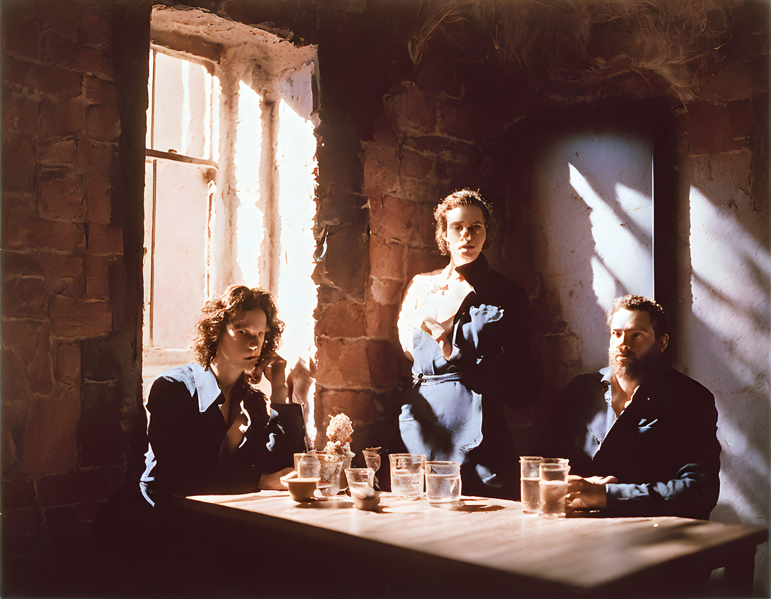 Vintage sunlit room with three individuals sitting around a wooden table