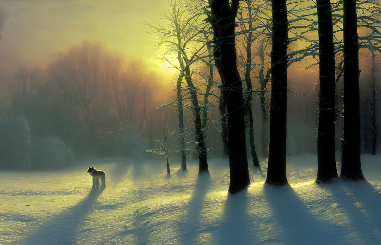 Snowy forest scene: Lone wolf at sunrise in bare trees.