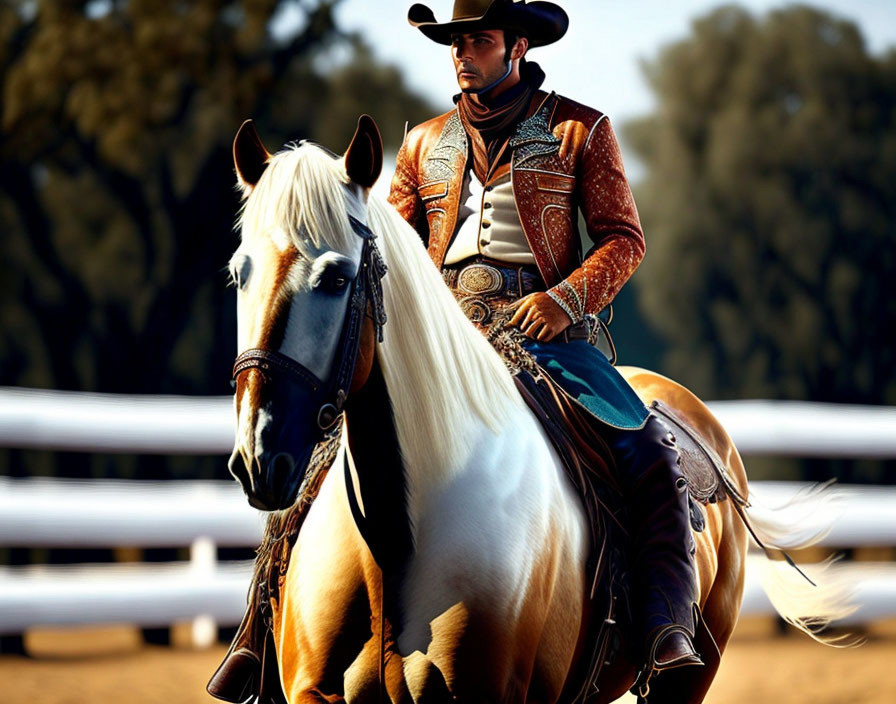 Cowboy in wide-brimmed hat on palomino horse