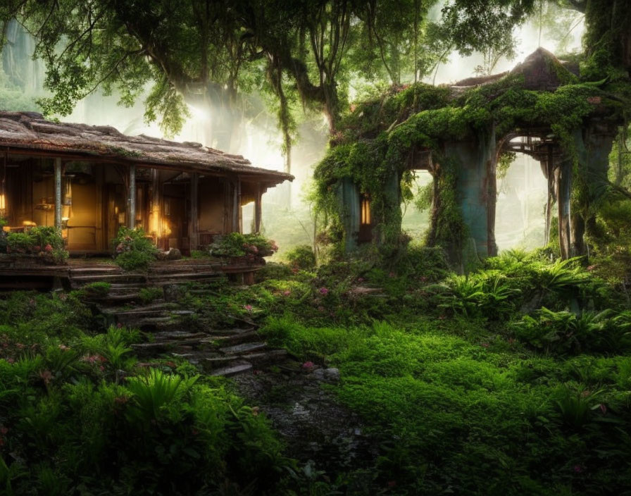 Tranquil forest scene with moss-covered cottage in soft mist