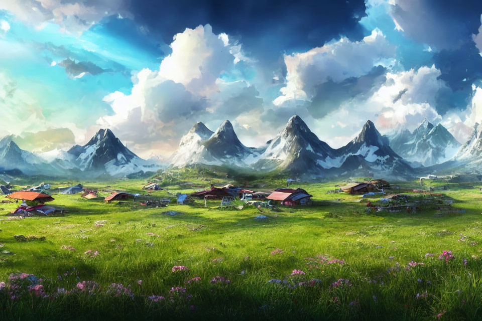 Scenic landscape with green meadow, flowers, houses, mountains, and sky