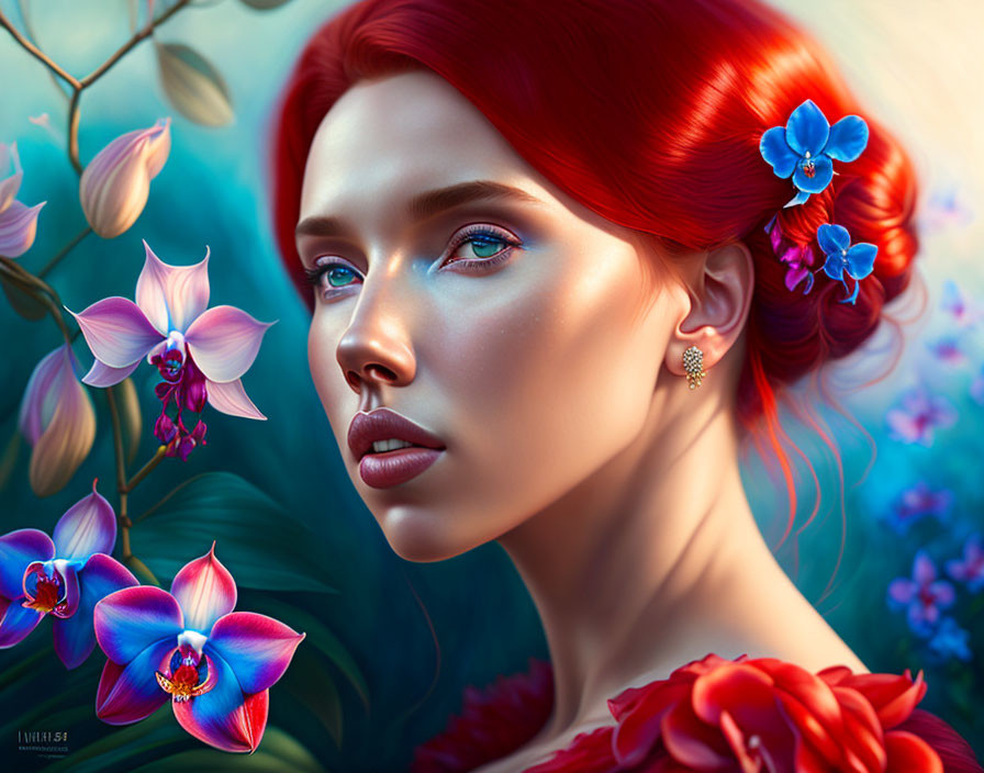 Vibrant red-haired woman portrait with flowers in lush orchid setting