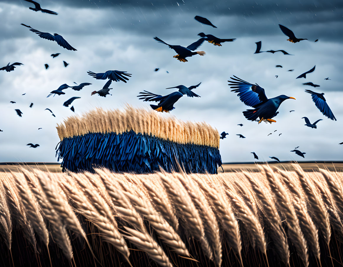 Birds flying over golden wheat field with large brush under dramatic sky