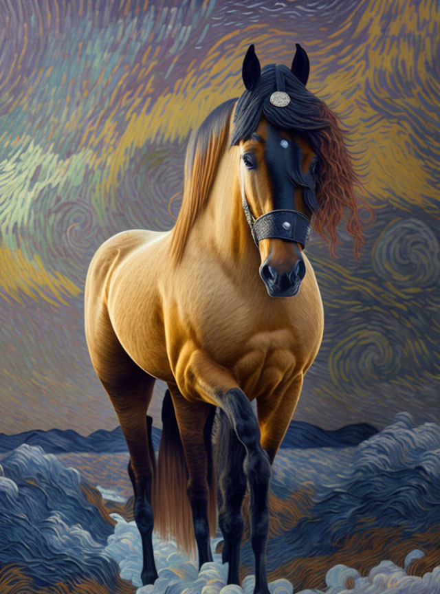 Majestic chestnut horse against Van Gogh-inspired backdrop