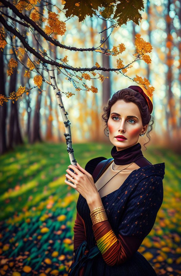 Vintage-clad woman in autumn forest with vibrant eyes and branch