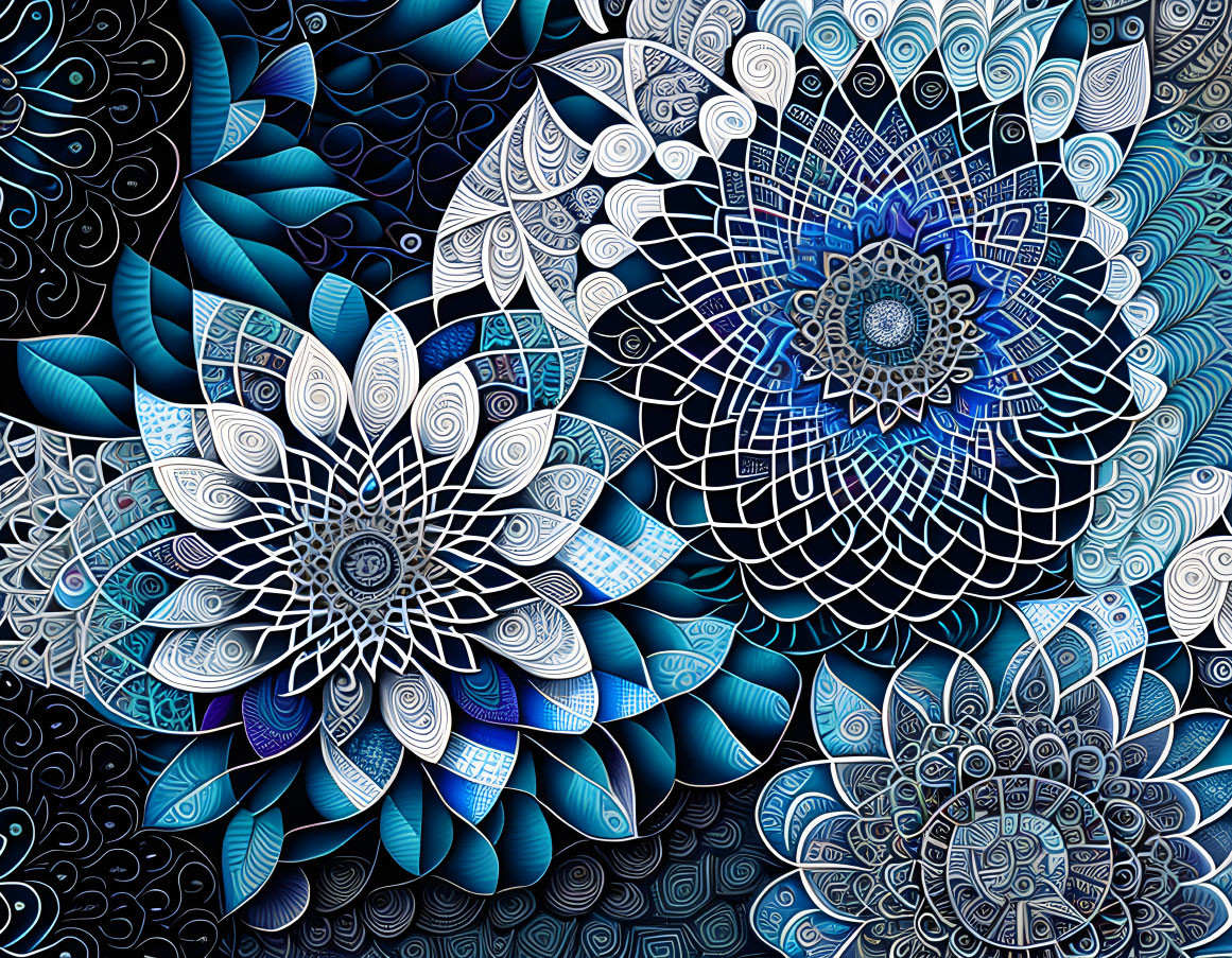 Intricate Blue, White, and Black Mandala Patterns