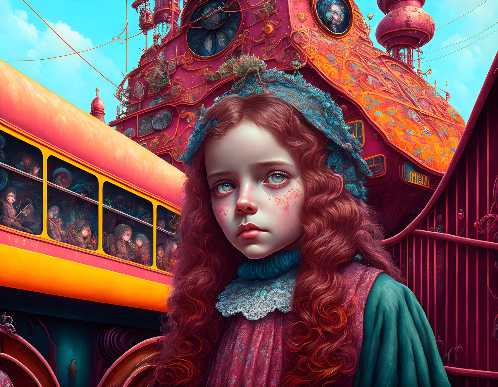 Red-haired girl in blue dress by ornate bus under pink sky