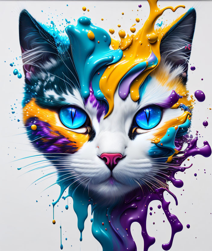 Colorful digital artwork of cat's face with vibrant paint splashes and blue eyes