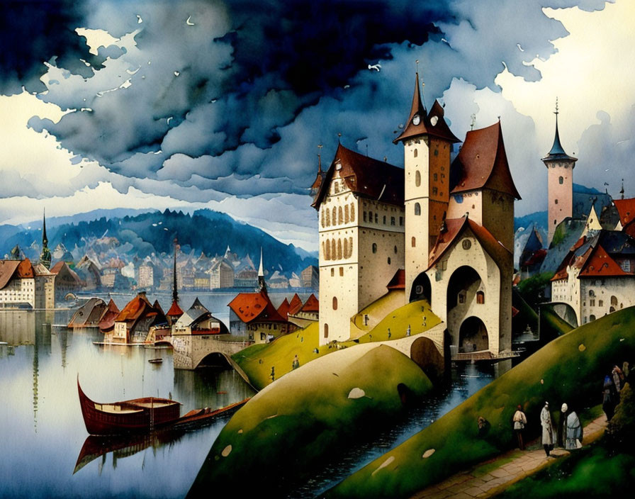 Medieval town painting with spires, bridge, river, boats, and dramatic sky