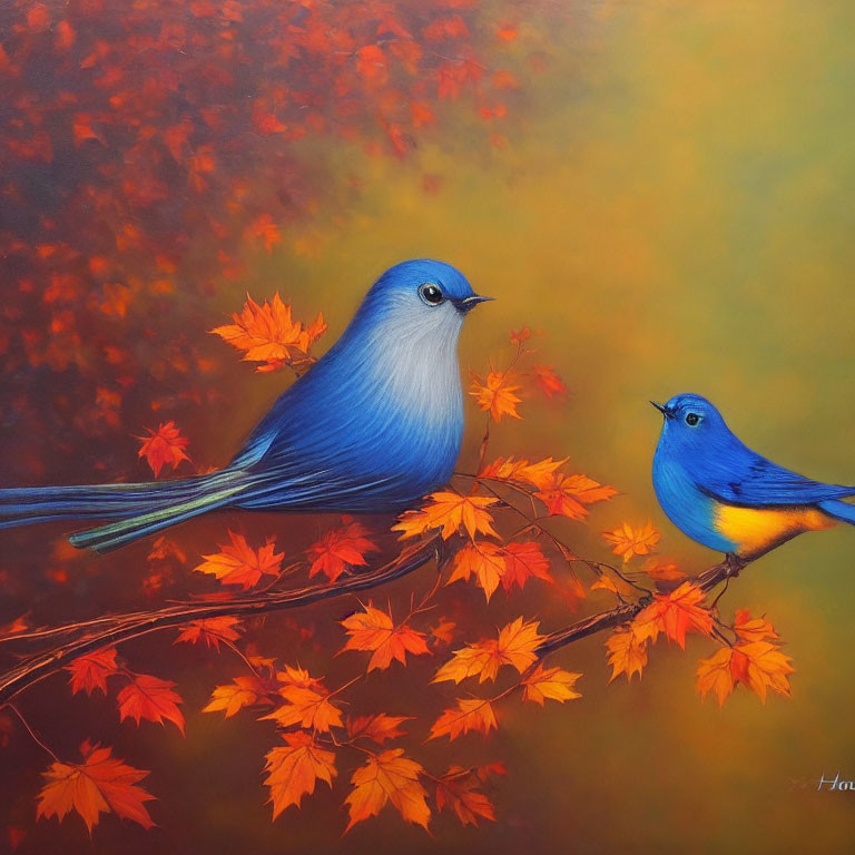 Colorful blue birds on red autumn branches against yellow-orange gradient.