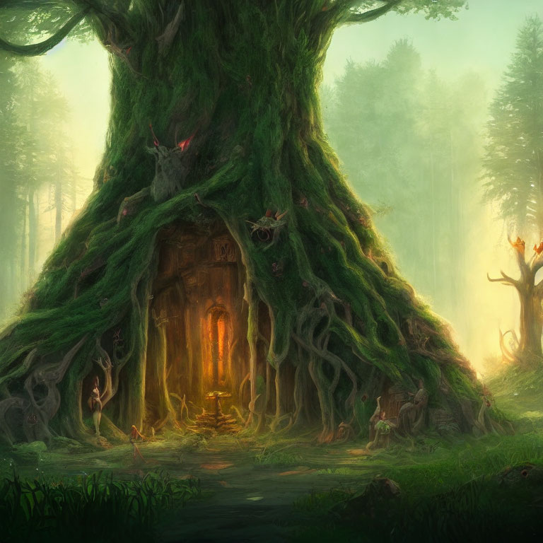 Enchanting forest scene with ancient tree, mystical creatures, and soft sunlight