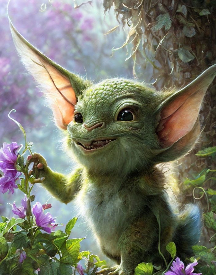 Whimsical green creature with large ears in sunlit forest.