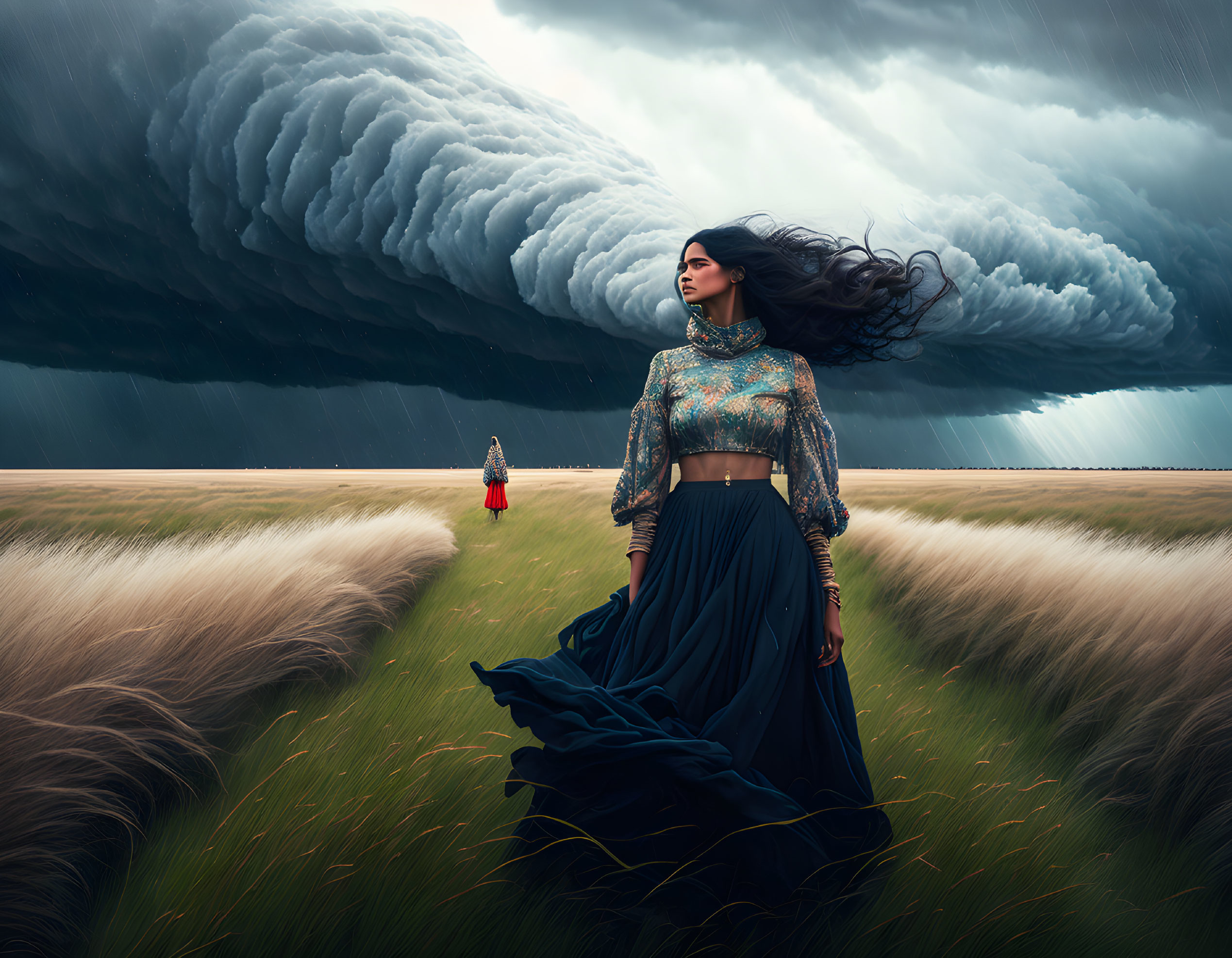 Woman standing in field with flowing hair under stormy sky and figure in red background