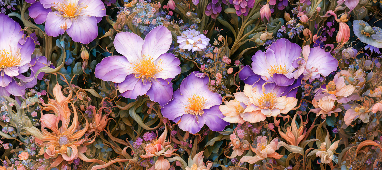 Purple and Yellow Floral Pattern with Green Stems and Leaves