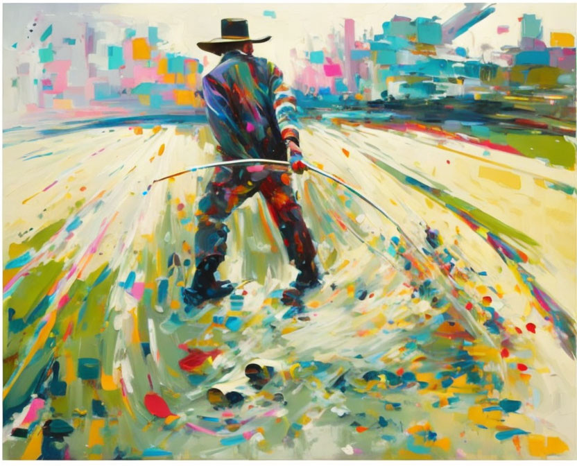 Vibrant Impressionist Painting of Person Walking in City Street