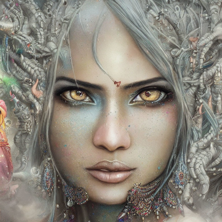 Fantastical female face with silver adornments and yellow eyes