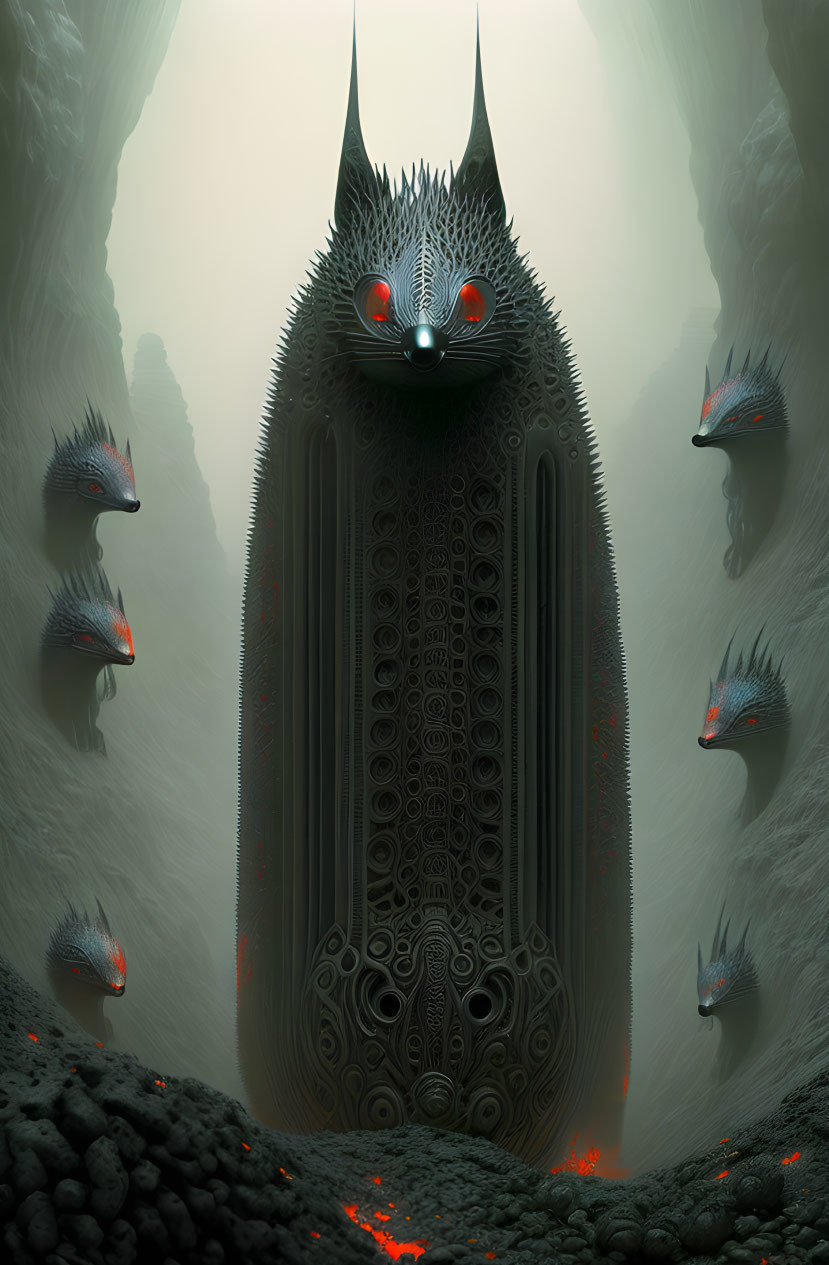 Surreal image: central red-eyed creature with smaller feline beings in misty landscape