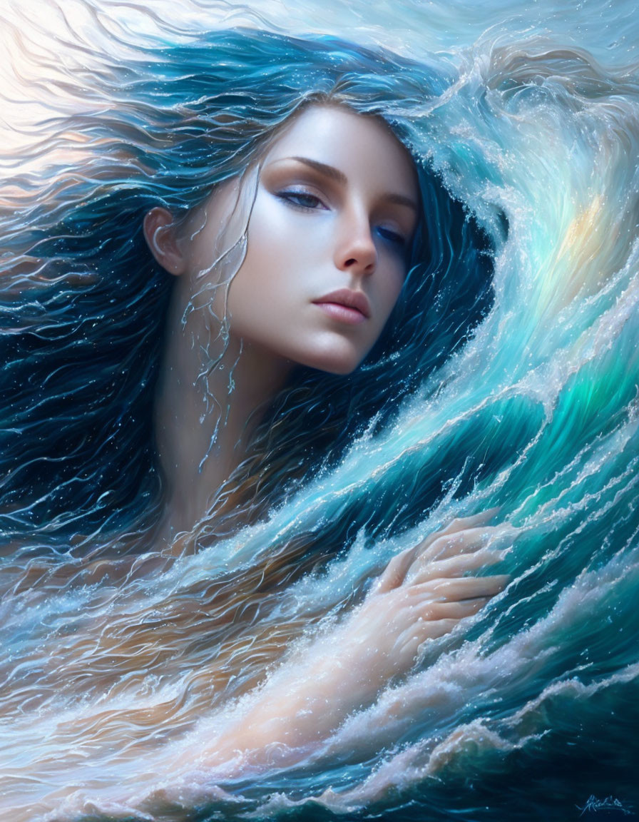 Portrait of a woman blending with a wave in serene oceanic theme