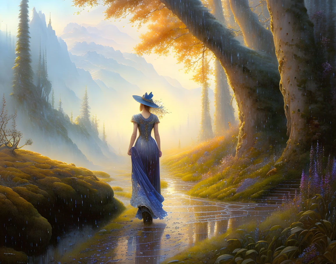 Woman in Blue Dress and Hat Walking in Enchanting Forest with Mountains