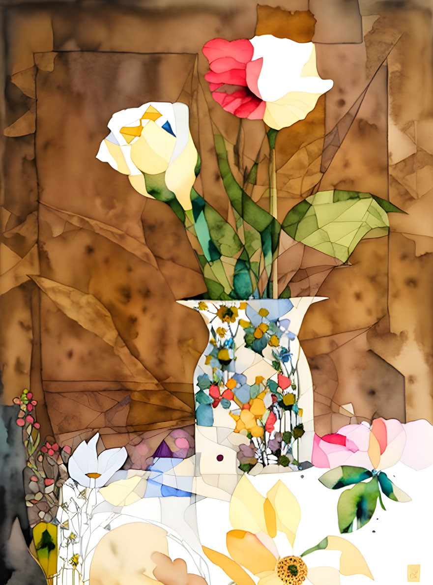 Colorful Flowers in Vase with Mosaic-Like Translucent Effect on Brown Background