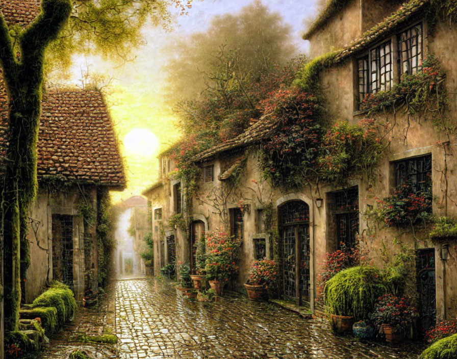 Vintage cobblestone street with ivy-clad buildings at sunset