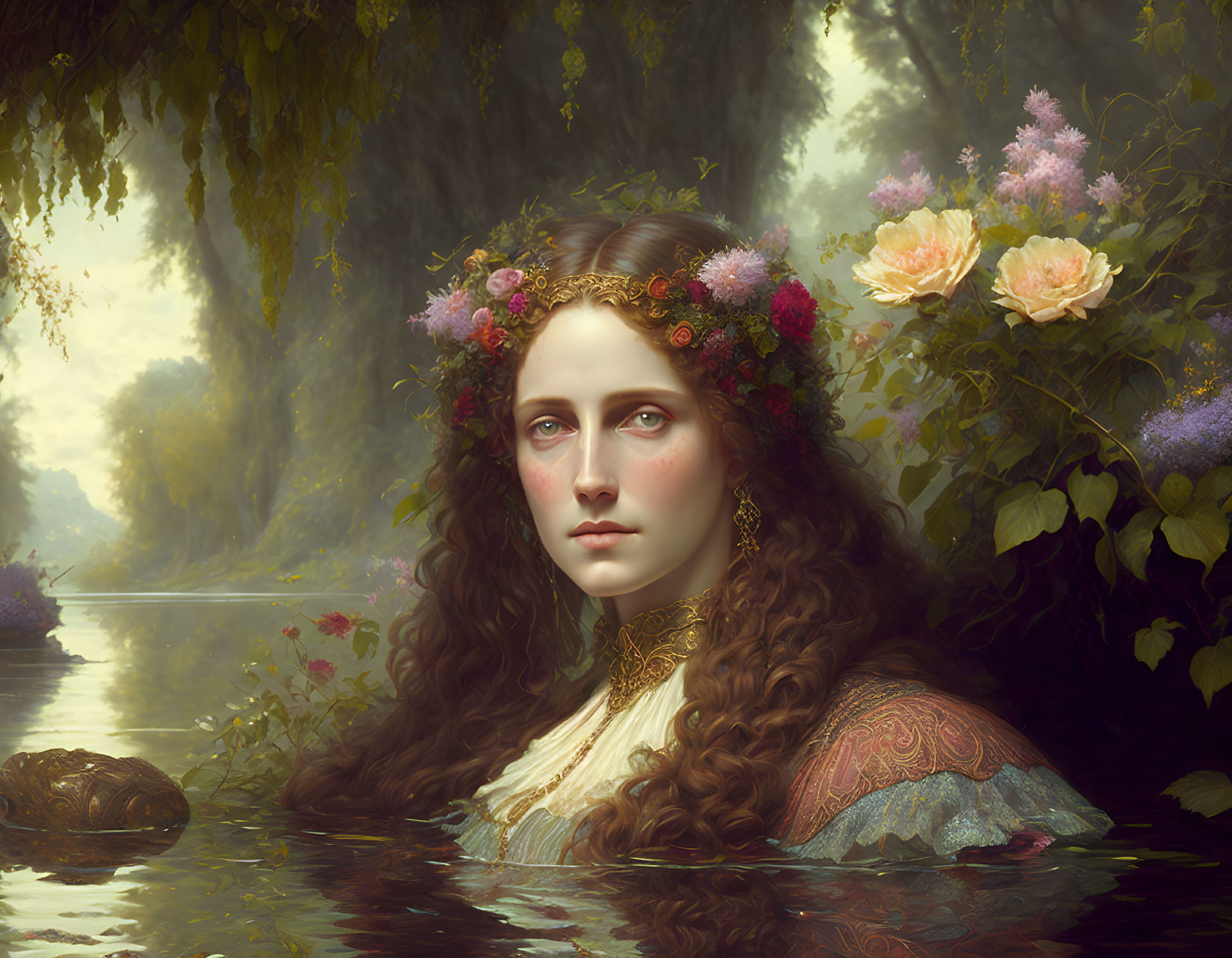 Woman in Floral Crown Emerges from Water with Mystical Forest Background