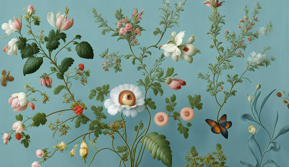 Botanical illustration: flowers and butterfly on pale blue.