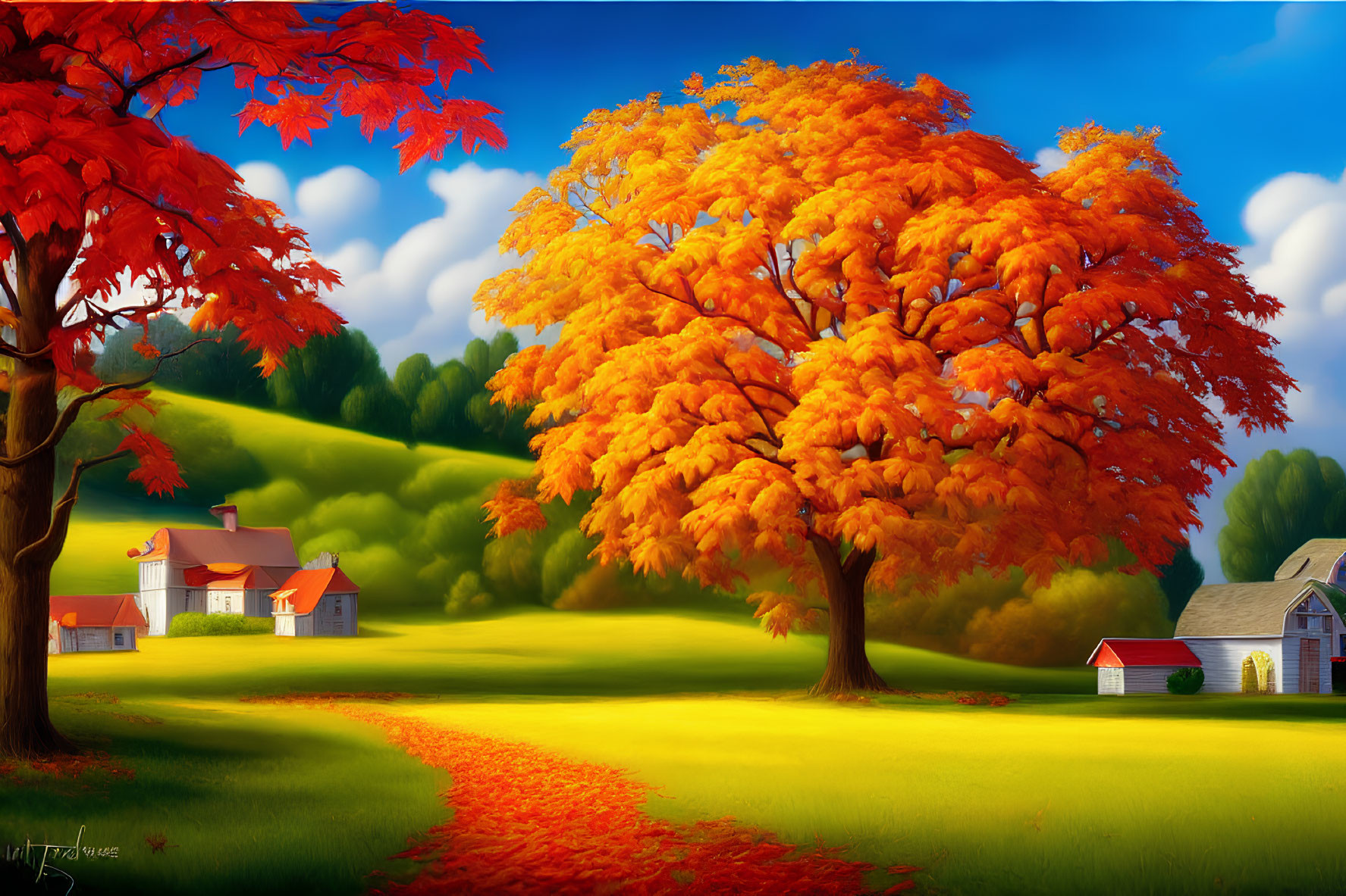 Fiery orange trees and red leaf-strewn path in autumn landscape