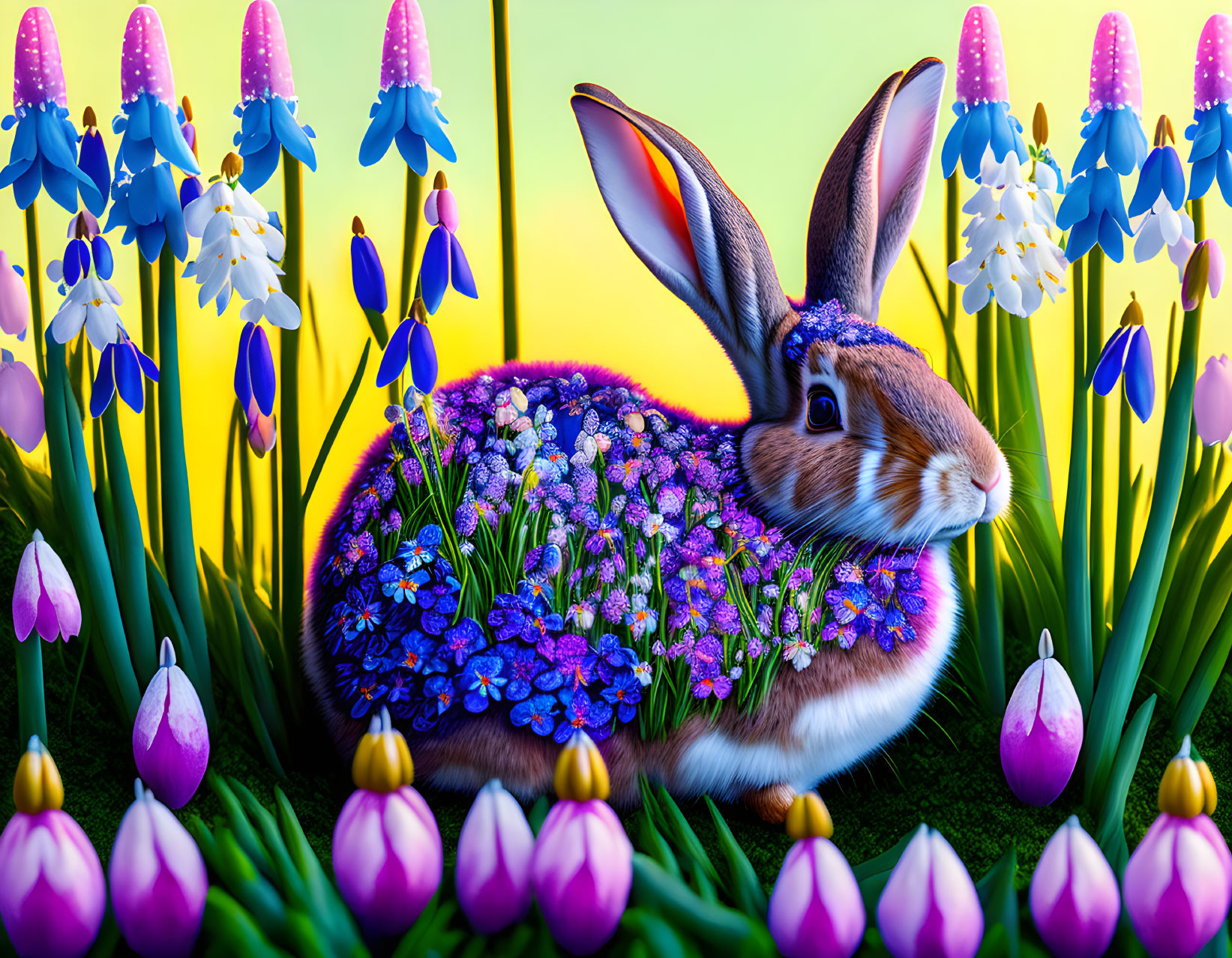 Whimsical rabbit illustration with garden of blue and purple flowers