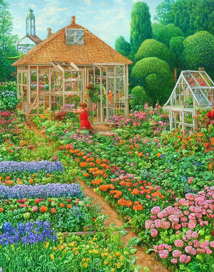 Blooming garden with path to greenhouse and person in red amid vibrant flora