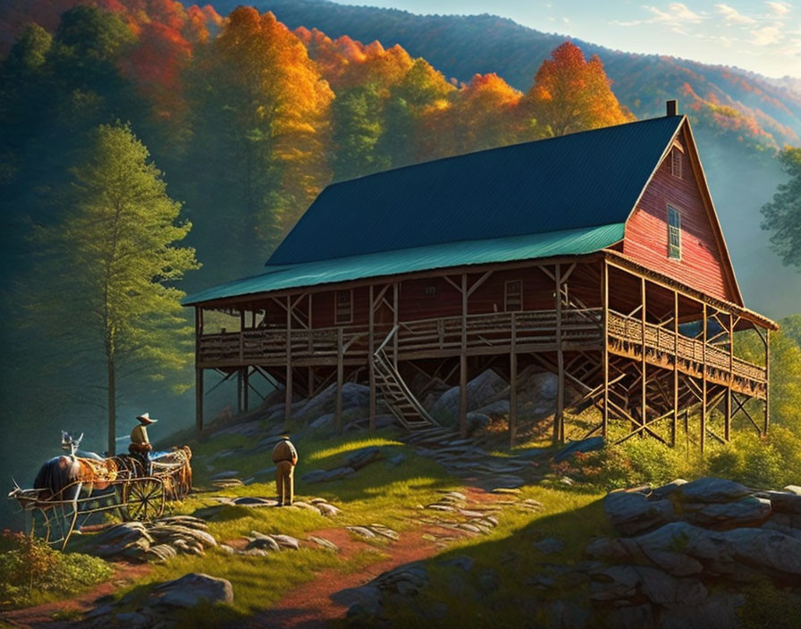 Rustic cabin with blue roof, autumn trees, people, and horse-drawn cart