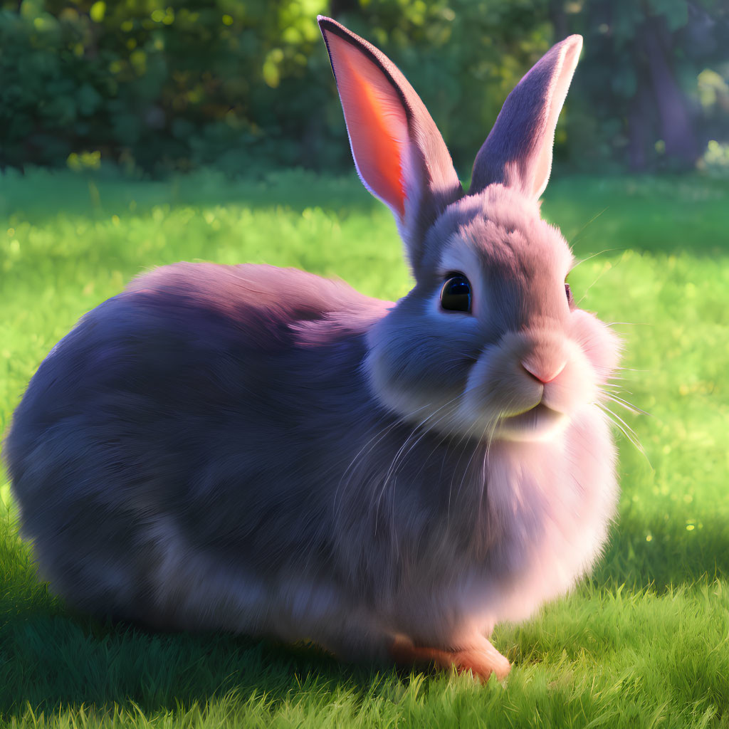 Fluffy rabbit on grass with large upright ears