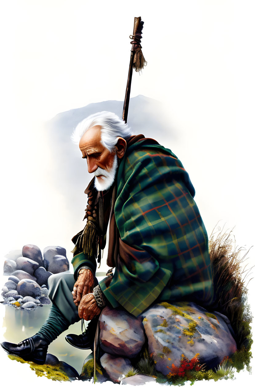 Elderly man in traditional attire sitting by stream with walking stick