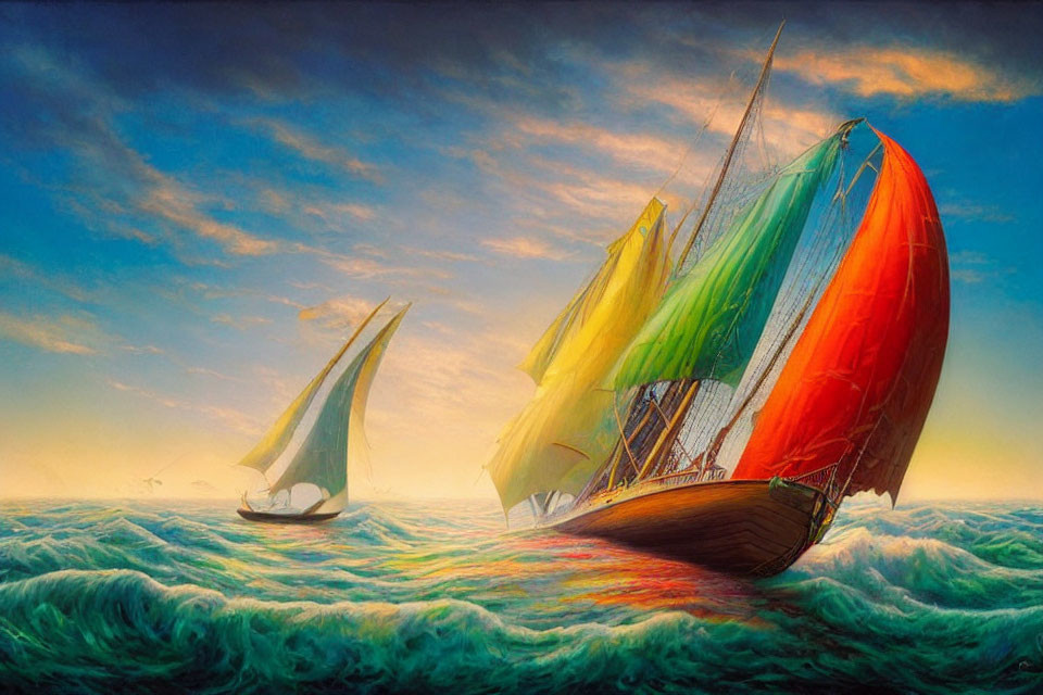 Colorful sailing boats on wavy seas under golden-lit sky