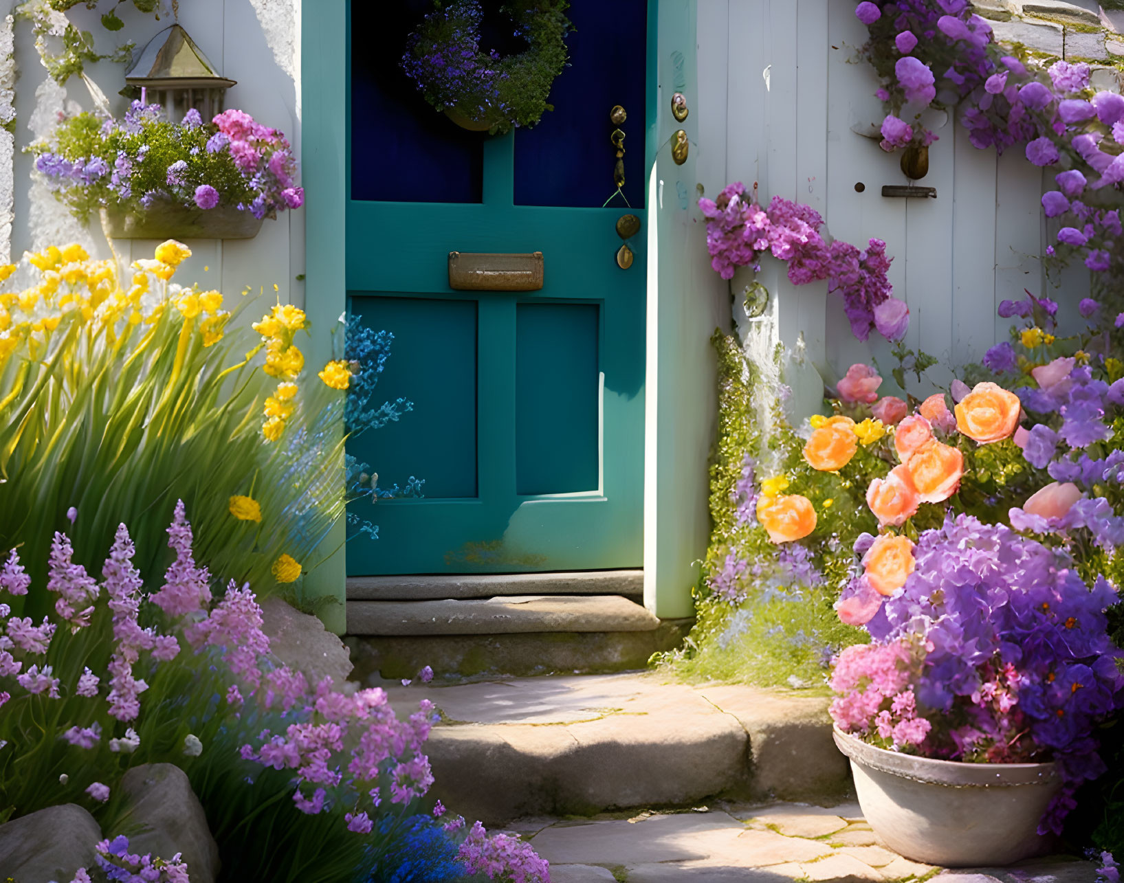 Teal Door Cottage Entrance with Blooming Flowers