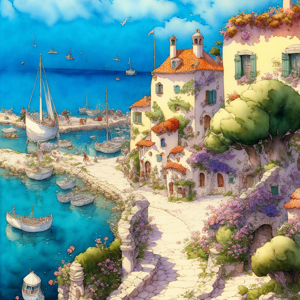 Vibrant coastal village scene with terracotta-roofed houses, sailboats, and blo