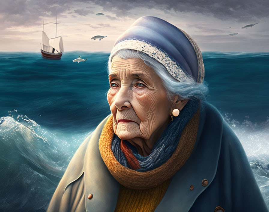 Elderly woman in blue headscarf gazes at sailing ship on stormy sea