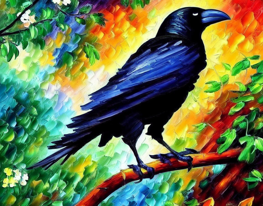 Colorful Crow Painting on Branch with Mosaic Background