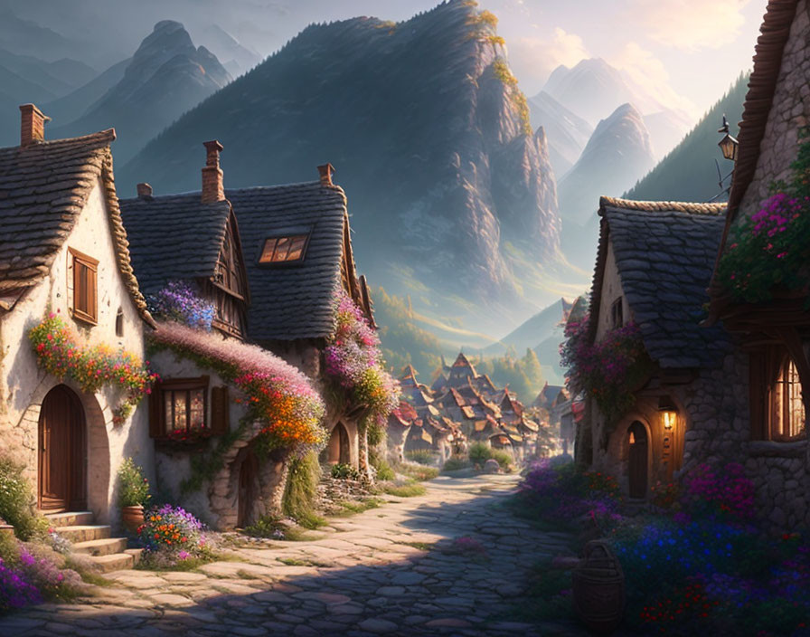 Tranquil fantasy village with cobblestone paths and mountain backdrop