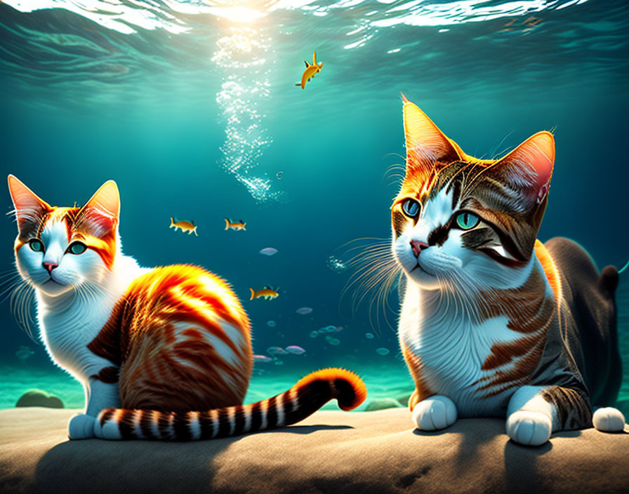 Illustrated orange and white cats underwater with fish and sunlight