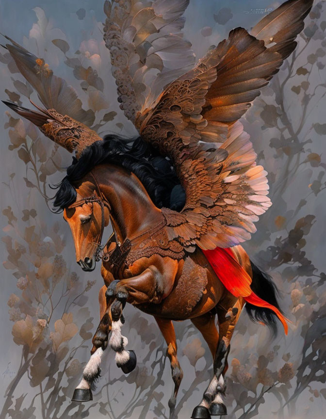 Majestic winged horse illustration with brown feathers and ornate harness