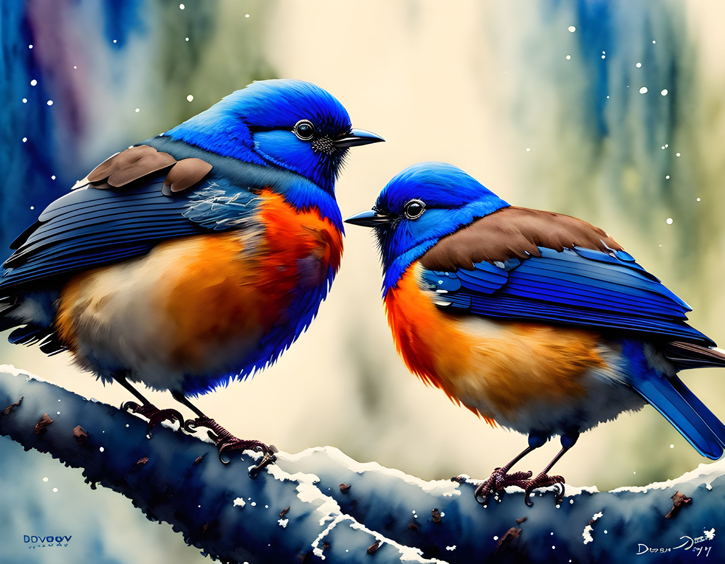 Vibrant blue and orange birds on branch with soft-focus background