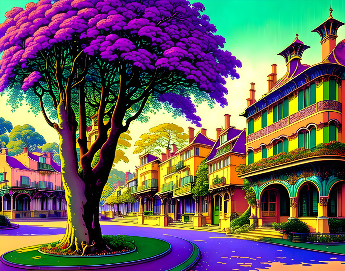 Colorful Victorian-style houses on vibrant animated street